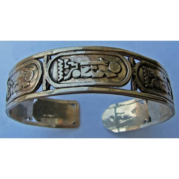 Sterling Silver Egyptian Cartouche Hieroglyphics Cuff Bracelet Revival 925 - Picture 1 of 3
